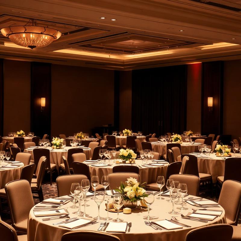 Jantar de gala corporativo com mesas montadas